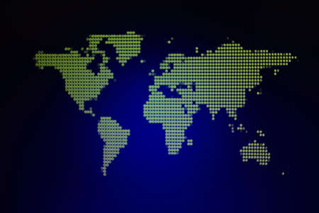 Golden glittering yellow grid pattern dot world map on black background.の写真素材