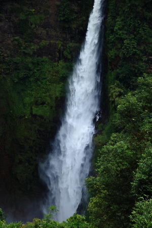 Tad Fan Waterfalls in southern Laos, high waterfall fall from lush jungle forest into inactive volcanic mount, Paksong high land. Tourist travel destination.の写真素材