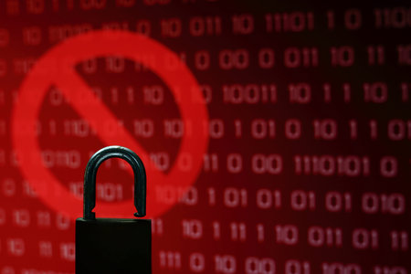 Visus or hacked computer screen. Red binary computer code ransom screen background with stop symbol...