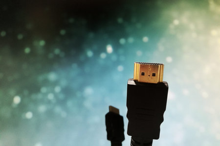 close shot of HDMI cable on bokeh background