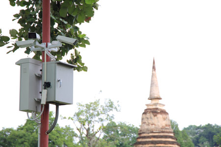 CCTV in a park overlooking people and historical site