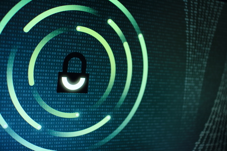 photo of computer screen display with black graphic lock symbol. binary numbers background. computer data protection. Internet Business Cyber security system conceptの写真素材