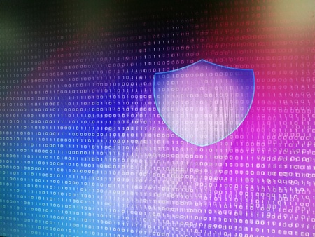 Shield safety guard Computer virus protection concept. Digital background, data binary. Photo on LCD computer screen.の写真素材