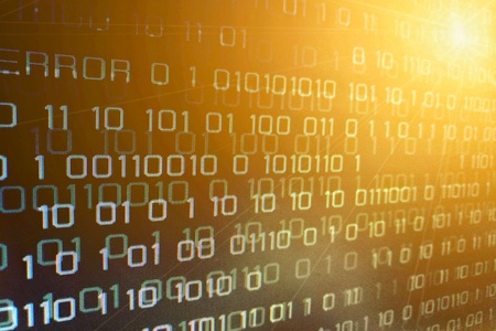 Blue binary code on computer screen with glittering light and error message with yellow solar flare. for business technology concept.の写真素材