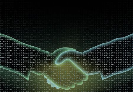Digital businessman handshake, business concept. Abstract image of two hands shaking. Digital partners hand on blue binary backgroundの写真素材