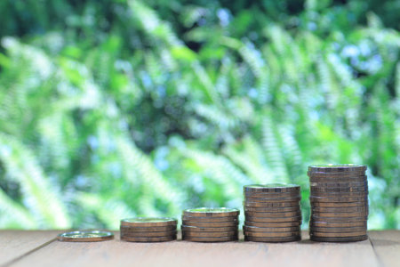 Coin pile stacked in increasing chart shape on wood board with out of focus green ferns background. Environmental friendly economy. Finance business of saving nature concept.の写真素材
