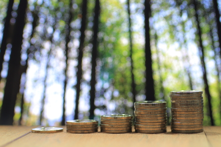 Environmental friendly economy. Finance business of saving nature. Coin pile stacked in increasing chart shape on wood board with out of focus forest of big tall green trees background.の写真素材