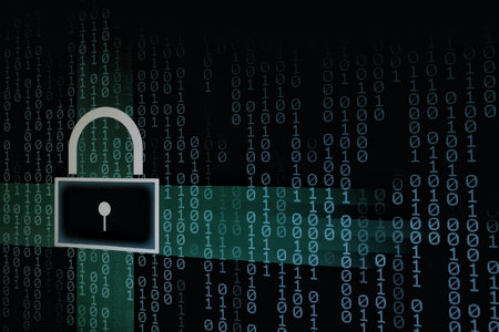 data safety internet security concepts. binary code numbers with padlock icon background on computer...