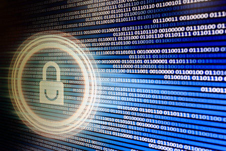 padlock icon on LED computer display screen with binary code moving in the background. password and...