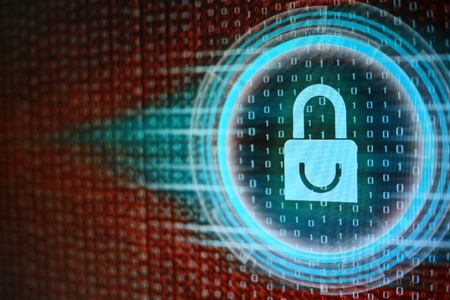 Data privacy information security in social cyber age. Blue Padlock icon, circle light energy surrounding, on red binary code bit flowing movement in the background.の写真素材