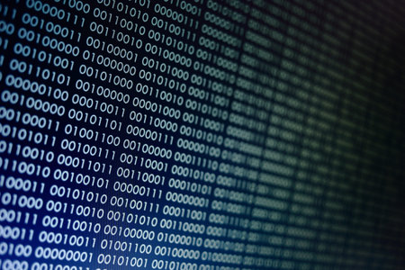 blocks of binary data. Blockchain concept. blue background with computer digital binary code bit...