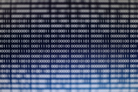 blocks of binary data. Blockchain concept. blue background with computer digital binary code bit...