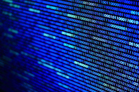multiple layers binary code background. number one and zero in pattern moved upward.の写真素材