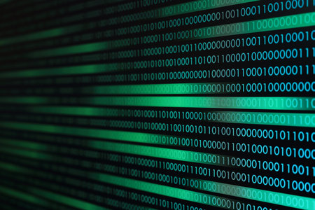 binary code data bit screen display on laptop computer screen. matrix of data flow. Rise of the big...