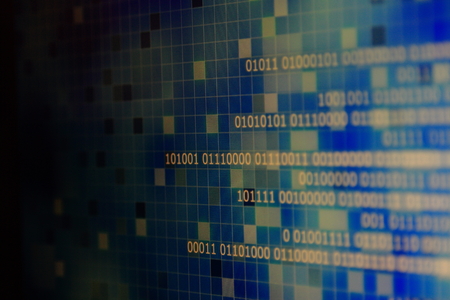 white light binary data on gradient blue abstract background with block shape pixel layer. cloud data transfer and digital connection concepts.の写真素材