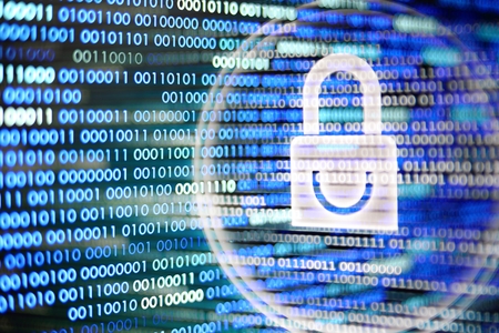 white padlock icon on blue binary code background defocused light bokeh. digital world cyber security hacker and virus protection concepts. data bubbles.の写真素材