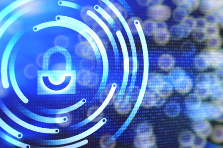 white padlock icon on blue binary code background defocused light bokeh. digital world cyber...