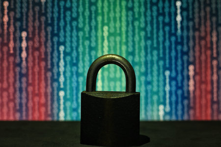 closed padlock in front of matrix style computer language binary data code. blue green binary...