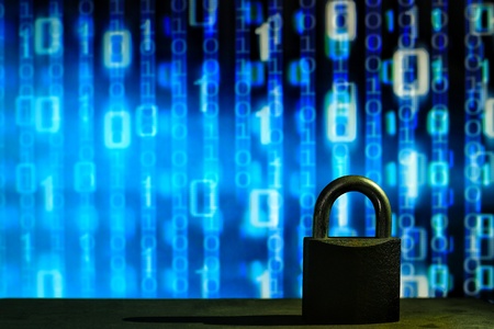 closed padlock in front of blue floating binary code background. cyber and computer security concept. privacy protection against hackers, virus and spyware.の写真素材