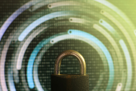 closed padlock in front of green matrix and circular lines background. cyber and computer security concept. privacy protection against hackers, virus and spyware.の写真素材