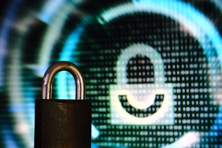 double padlock. iron padlock and digital padlock symbol in screen display in the background. double security. maximum security and protection concepts.の写真素材