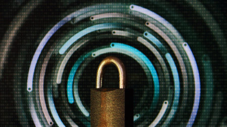 Padlock closed. padlock placed in front of circular defocus bokeh light. digital computer and internet theme security concepts. cyber security and virus protection.の写真素材