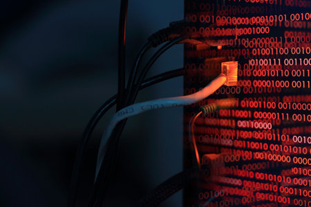 computer virus transfer into desktop pc by internet LAN line. double exposure shot of backside of a...