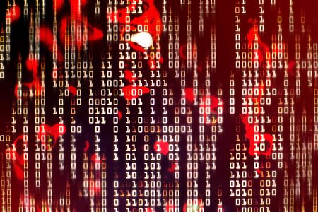 Red binary code blocks flowing downward. danger, war, conflict, hacker, error and virus conceptsの写真素材