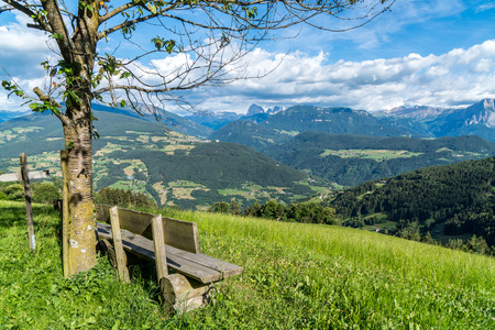 Wooden bench with a viewの写真素材