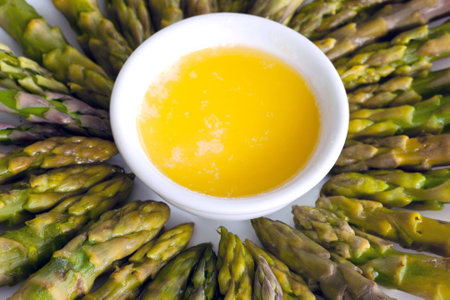 fresh asparagus lying tip to a small dish of melted butterの写真素材