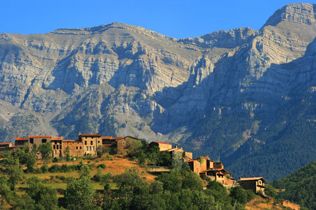 Popular village high up against the dramatic Cadi mountains の写真素材