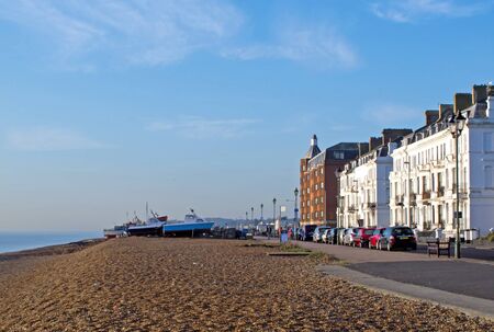 Peaceful early morning scene of the seafront and fishing boats at Deal in Kent, Englandのeditorial素材