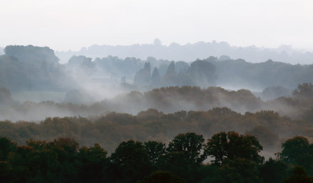 Mist across valley with autumn colours glowing in early morning sun.の写真素材