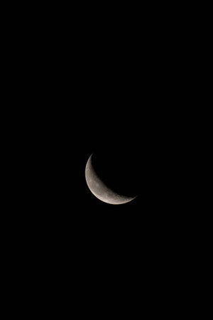 Waning crescent Moon in vertical orientation with room top and bottom for text or copy.