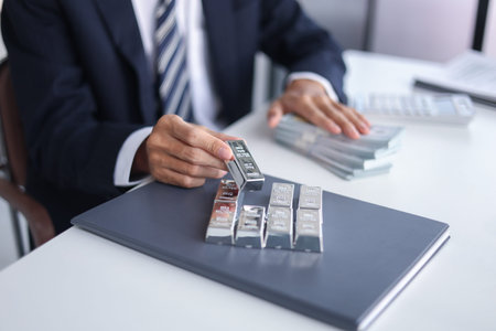 Silver Trading Businessman invest in trading silver, calculating profit price of  buying and selling...