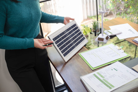 A sales representative presenting solar and wind power, alternative energy, clean energy for future
