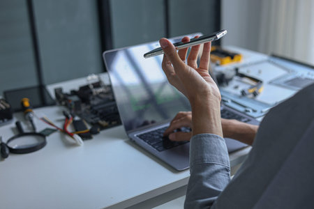 Tech professional using smartphone voice assistant while repairing computer.