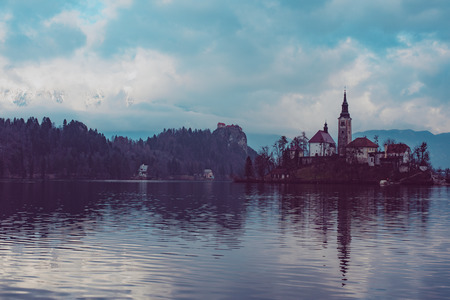Lake Bled with St. Marys Churchの写真素材
