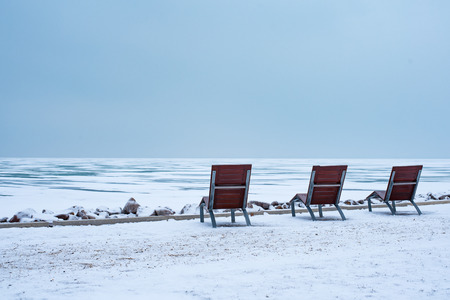 Empty beach at the abandoned frozen lake of Balaton. Extreme weather in Hungary in March 2018.の写真素材