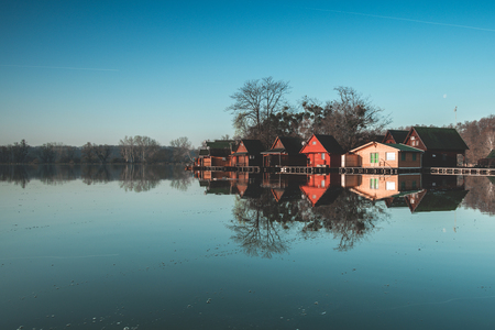 Dawn landscape at the lake, Hungary, Tata, Flood Lakeのeditorial素材