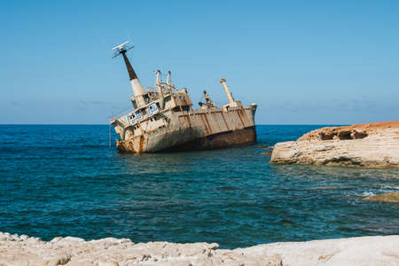 Abandoned ship Edro III near Cyprus beach, Paphos.の写真素材
