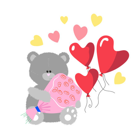 Illustration gray Teddy bear with pink flowersのイラスト素材