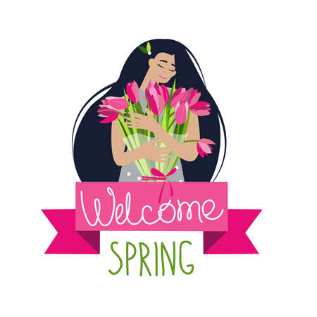 The Girl holding tulips on white bgのイラスト素材