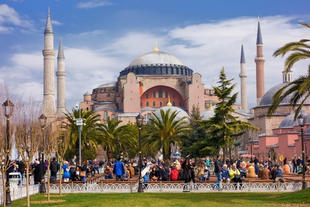 Istanbul, Turkey  March 9, 2013  Visitors in Sultanahmet Square, Haghia Sophia is in the background のeditorial素材