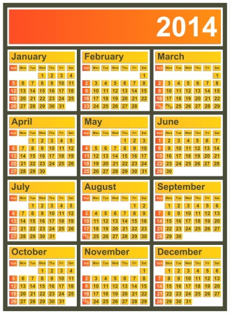 Vector illustration of 2014 calendar fully editable, Sunday to Saturdayのイラスト素材