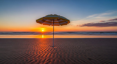 A serene beach scene featuring a sun umbrella against the backdrop of a stunning sunset, perfect for conveying themes of relaxation, vacation, and coastal beauty.
