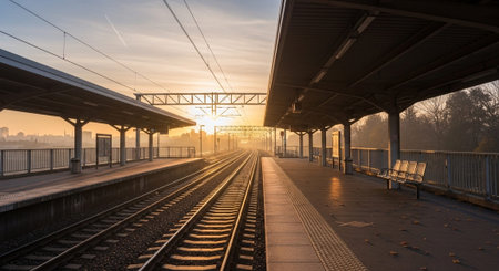 A serene railway station at sunset with an empty platform, benches, and the sun setting behind the tracks.