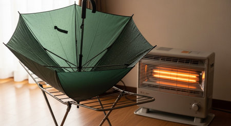 A green umbrella is open and placed on a metal stand. There is a heater on the right side of the image.