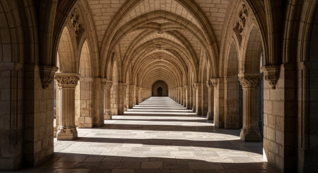 An impressive, awe-inspiring corridor with stone columns, sunlight, and shadows, showcasing historical architecture and design.