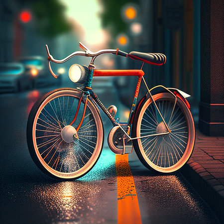 Bicycle on the road in the city at night. 3d renderingの素材